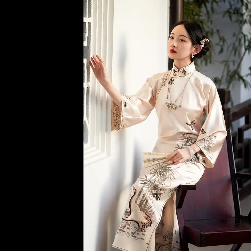 

Elegant Republican Style Satin Crane Bamboo Printed Long Cheongsam Qipao Women Vintage Party Dresses Mother's Birthday Gifts