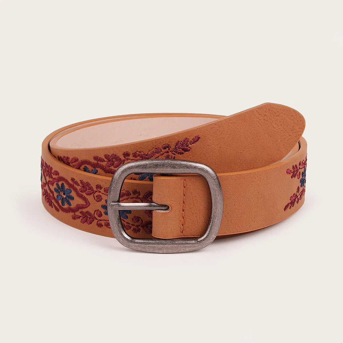 Vintage Women's Ethnic Embroidered Belt Floral Ladies Distressed Design Fashion Square Pin Buckle PU Leather Belt Jeans Belt