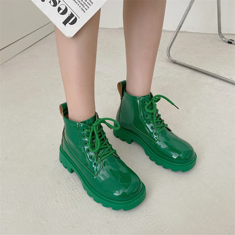 Lace Up Boots Women Round Toe Thick Sole Platform Shoes of Woman Fashion Green Ankle 2023 Pumps Square Heel Platform Boots New