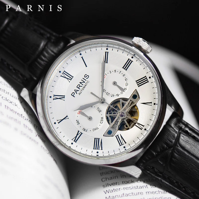 

Часы наручные Parnis Мужские механические с турбийоном, автоматические спортивные с кожаным ремешком и календарем, белые, 43 мм