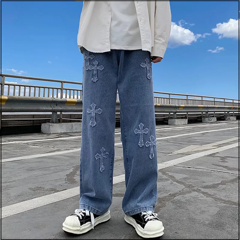 

Y2K Men Jeans Oversized Straight Jeans Blue Pants 2022 Denim Mens Streetwear Hip Hop Harem Pants High Wasit Denim Pants