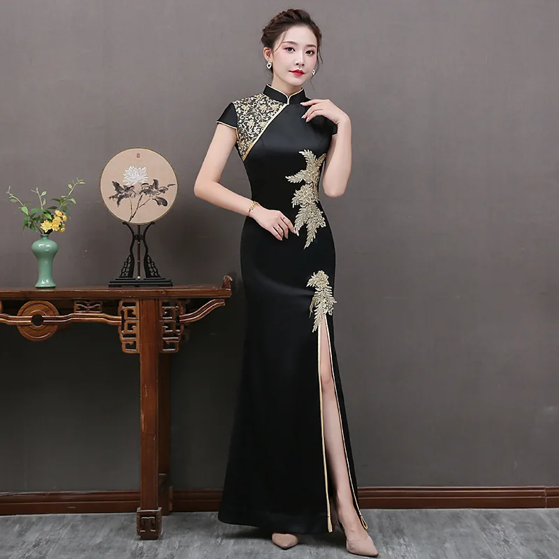 Sexy Womans Long Cheongsam Lace Flower Summer Vintage Chinese style Ankle Length Dress Qipao Slim Party Dresses Button Vestido