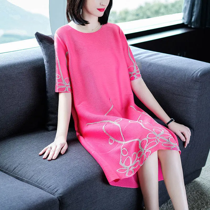 Chinese style casual dress women 2023 spring new loose simple o neck short sleeve fashion printed  A-line skirt female tops