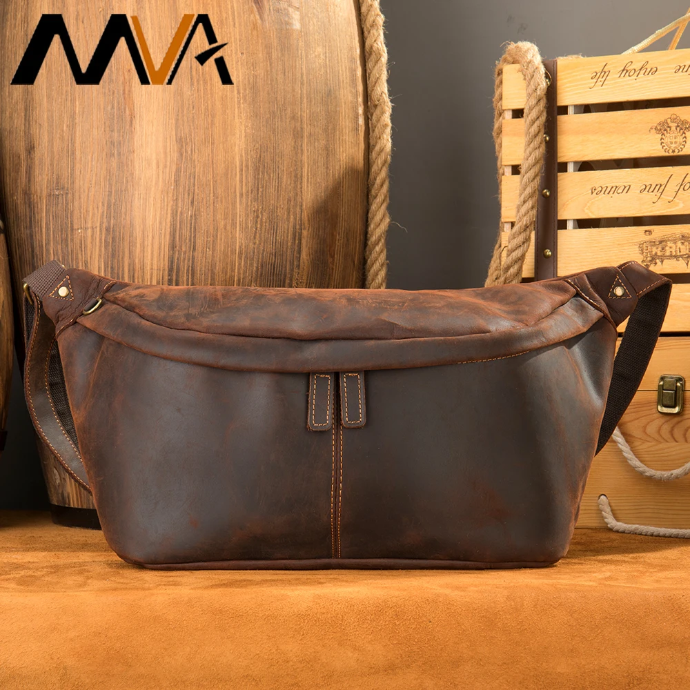 MVA Vintage Leather Waist Bag Sling Crossbody Large Chest Bag For Men Women For Sports Running Parties Leisure or Outdoors  9084