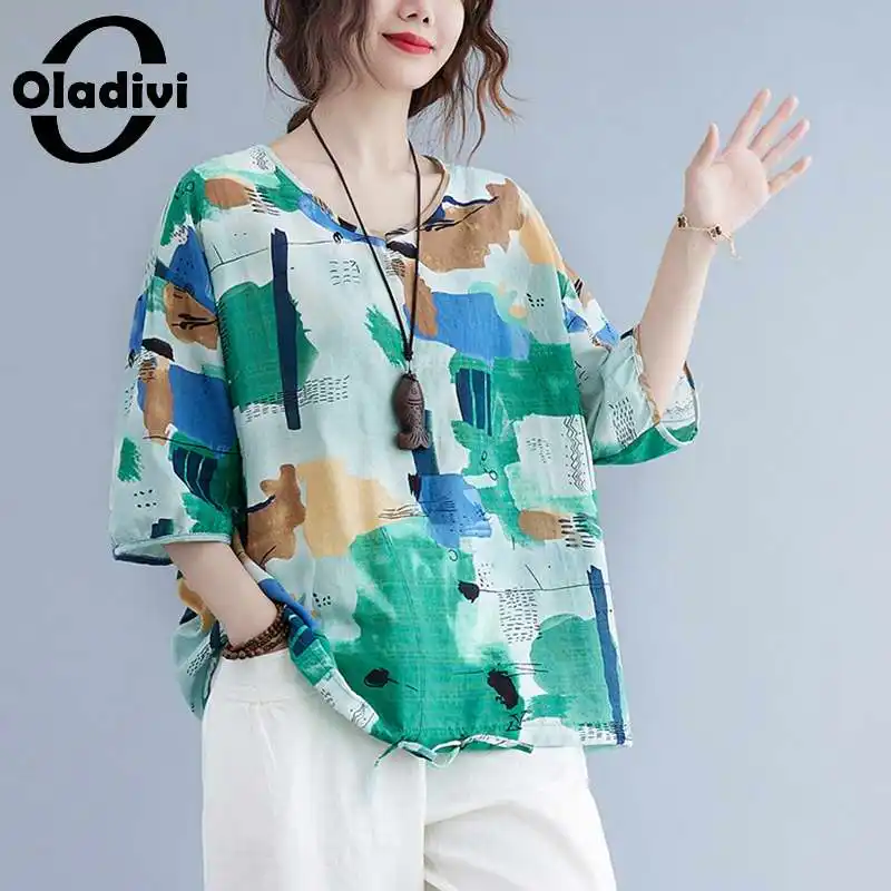 

Oladivi Oversized Fashion Print Short Sleeve Cotton Linen Blouses Women's Summer 2022 New Casual Loose Tops Cool Thin Shirts 6XL