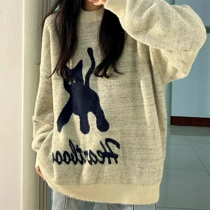 

Dark Gothic Cats Print Hip Hop Sweater Jumper O-neck Loose Casual Winter Clothes Women Girls Harajuku Japanese Anime Sweatshirt