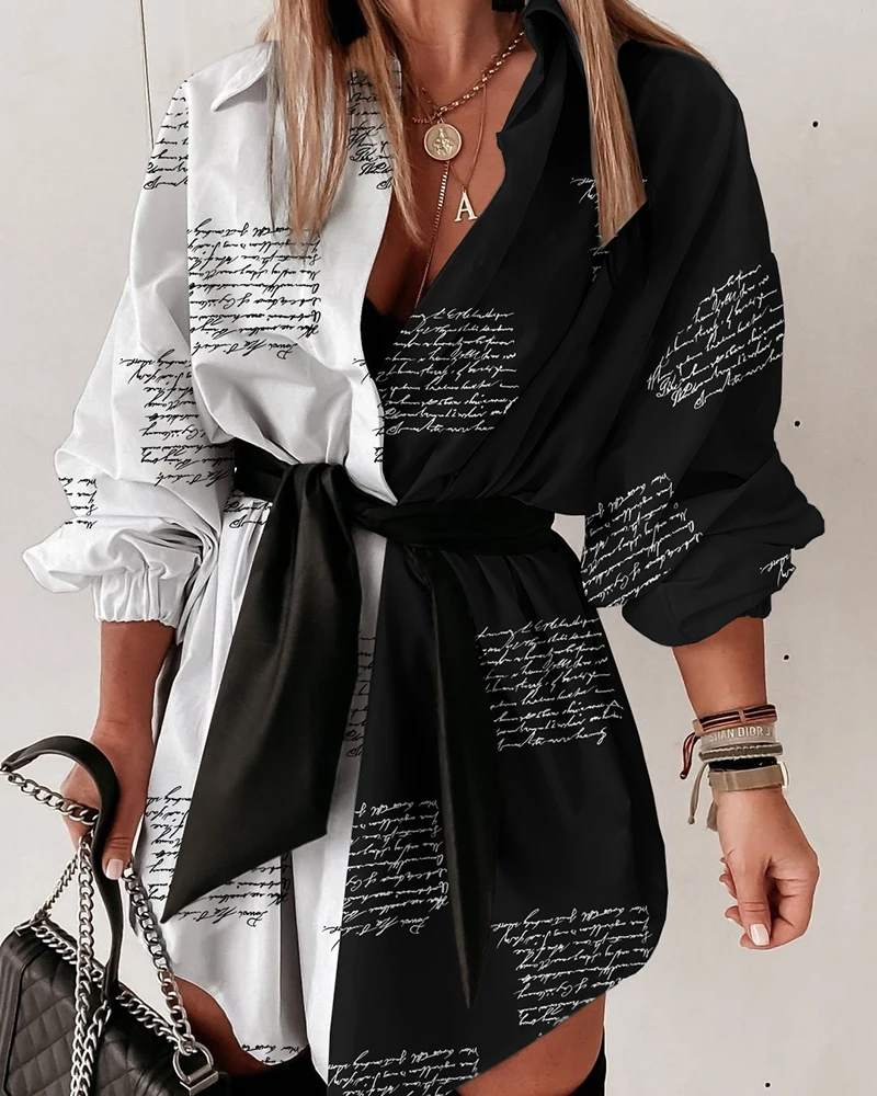 

2022 Women Mini Dress Fashion Letter Print Long Sleeve Shirt Sundress Casual Lapel Patchwork Party Short Vestidos Belted