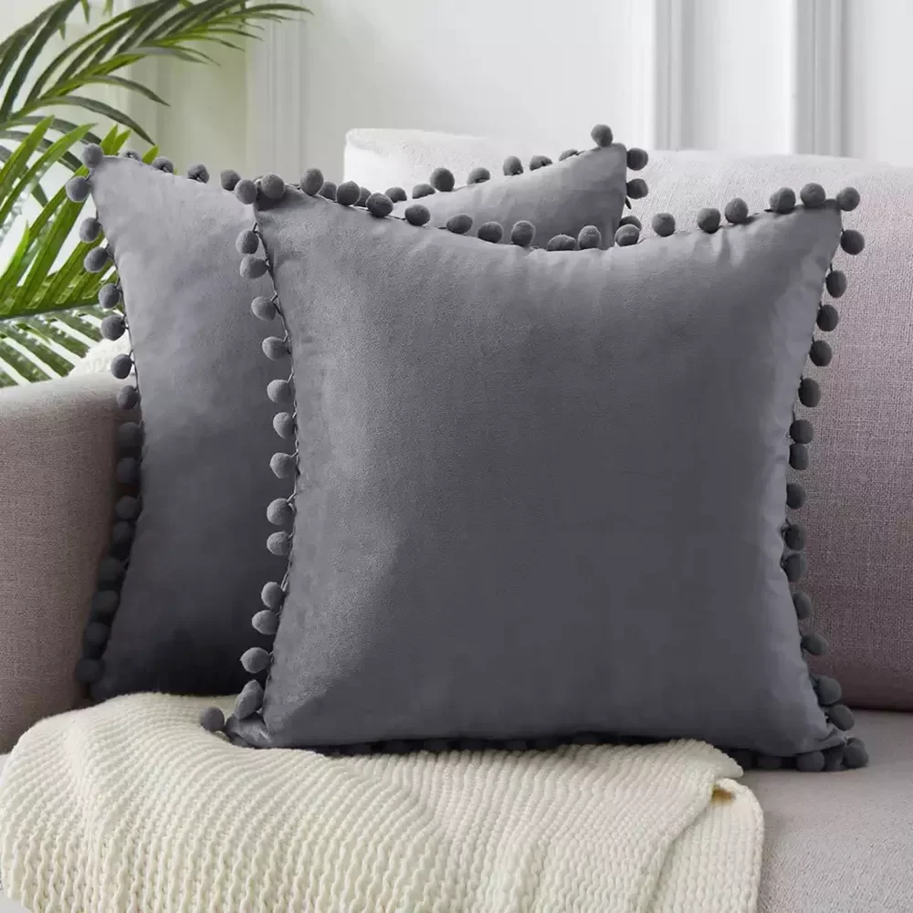 

Blue Grey Pink Solid Velvet Decorative Pillows Case Soft Velvet Cushion Covers With Pompom Ball Sofa Pillow Cover 45x45cm