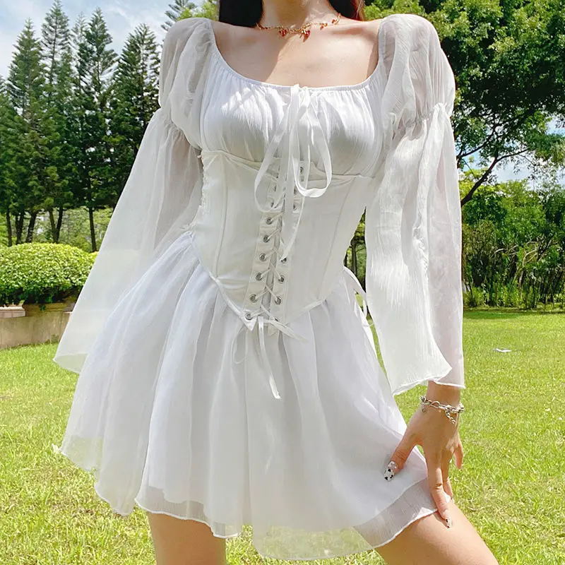 

HOUZHOU Sexy Elegant Corset Dress Women Vintage Fairycore Off Shoulder Bandage Long Sleeve Chiffon Mini Dress Tunics Summer