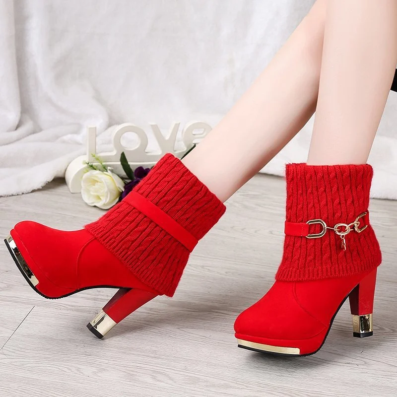 New Woman Shoes High Heels Sexy Black Sock Boots Red Christmas Boots Stretch Fabric Shoes Woman Black Ankle Boots