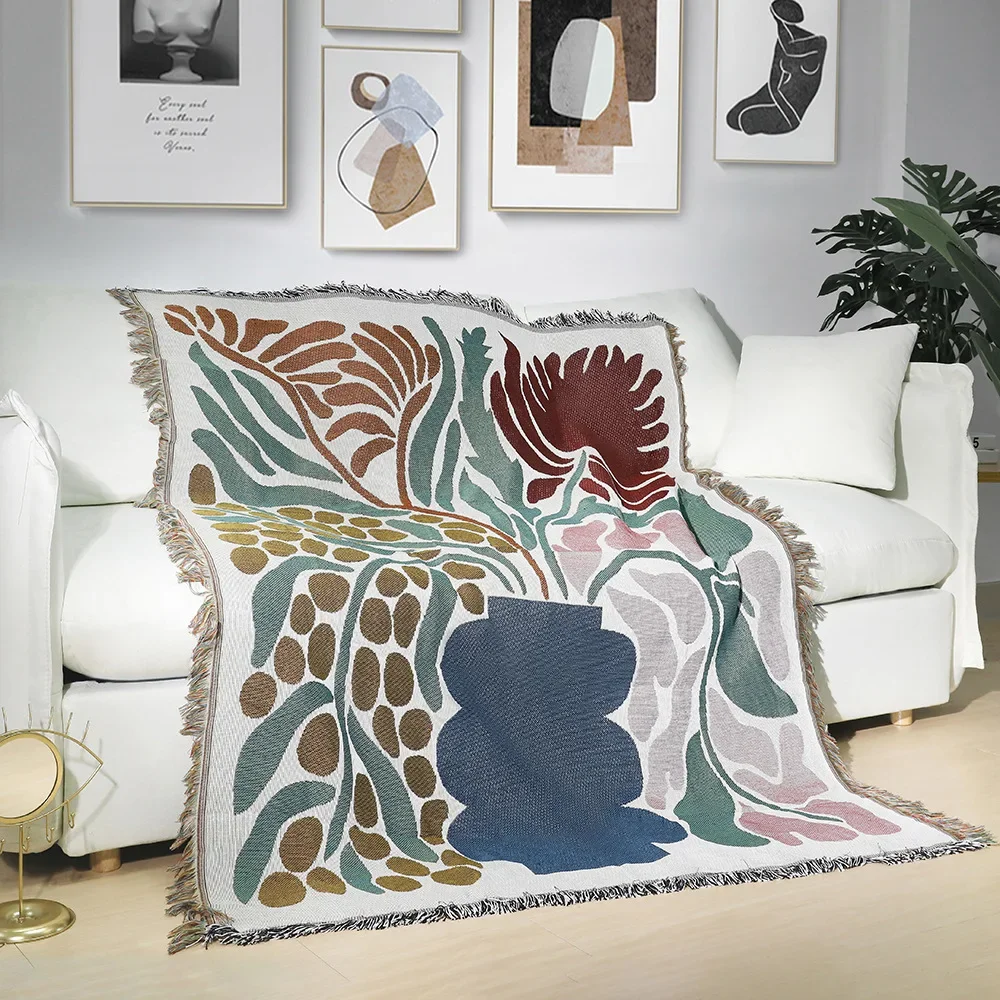 Домашнее декоративное одеяло с вазой и узором в стиле бохо двухстороннее для