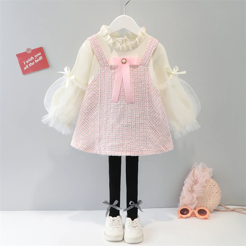 

Комплекты одежды для маленьких девочек на весну-осень 2022, детская одежда из 2 предметов, детские кружевные клетчатые Топы с бантом и штаны, н...