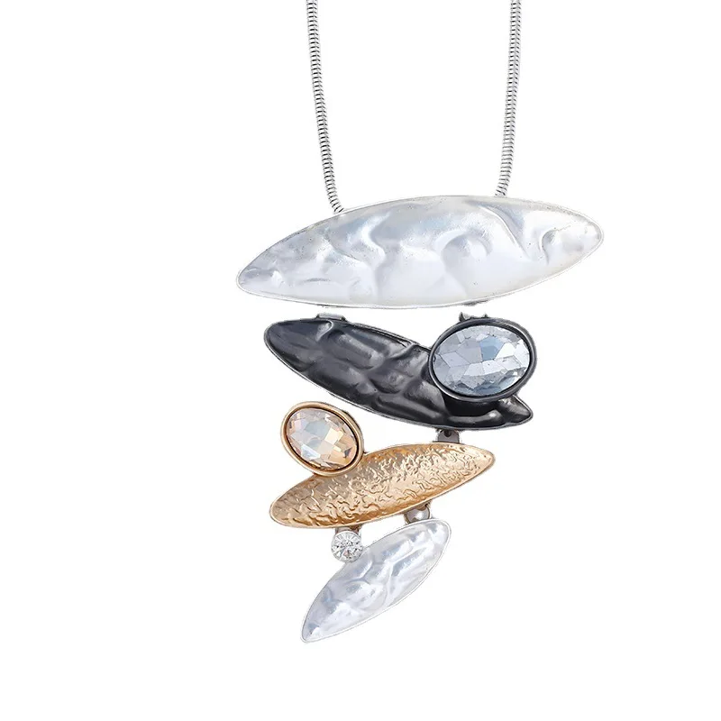 

Women Long Necklace Three Plated Vintage Big Rhinestone Statement Geometric Pendants Women Fashion Collares Mujer Kolye Jewelry