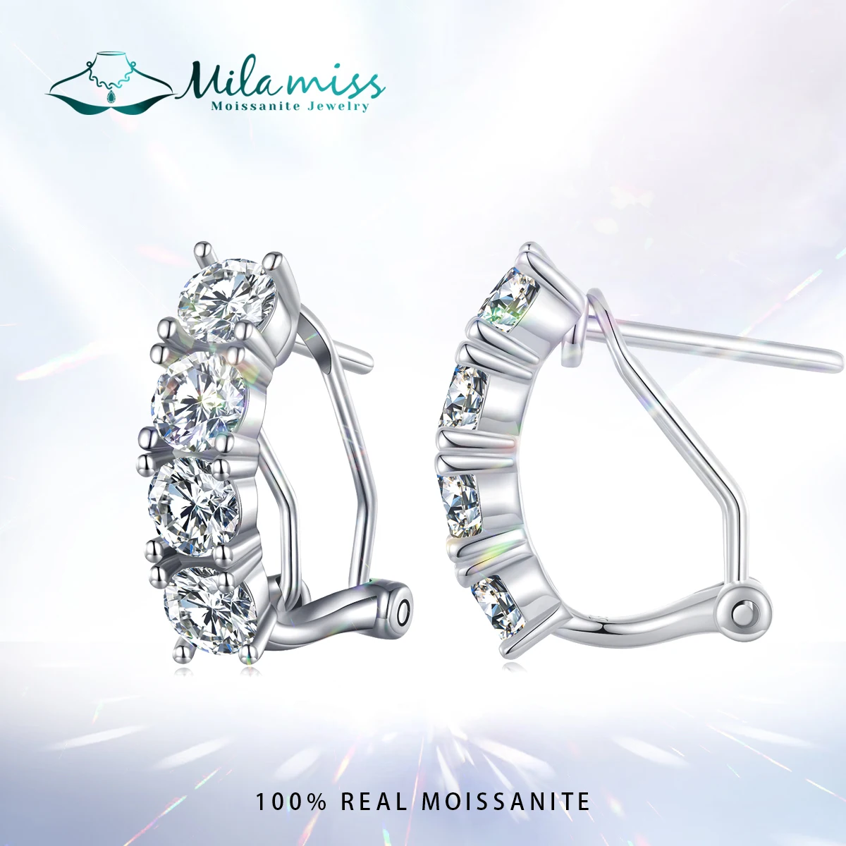 

MILAMISS 925 Sterling Silver 1CT Moissanite Ear Clips 4 Stone Line VVS1 EX Hoop Earrings Valentine's Day Luxurious Jewelry Gift