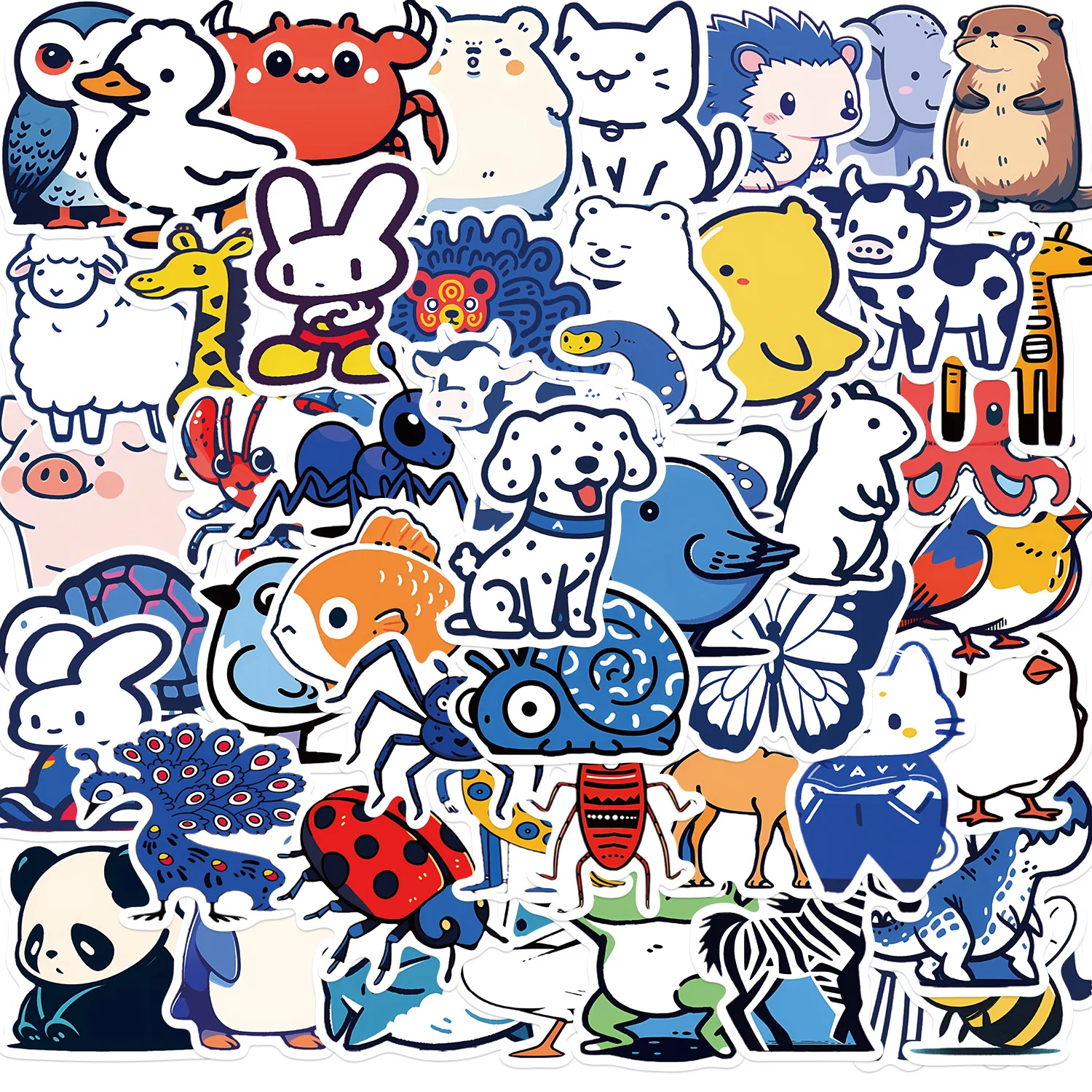 

50Pcs Cartoon Blue Animal Gather Stickers Doodle Ornament Automobile Notebook Refrigerator Aesthetics PVC Pretty Sticker