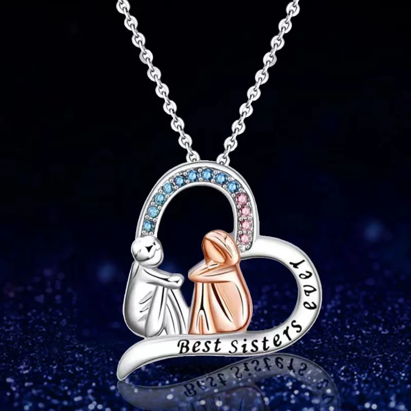 

Sisters Heart Shaped Colorful Gemstone Necklace Creative Women's Adjustable Clavicle Necklace Pendant Gifts for Sisters