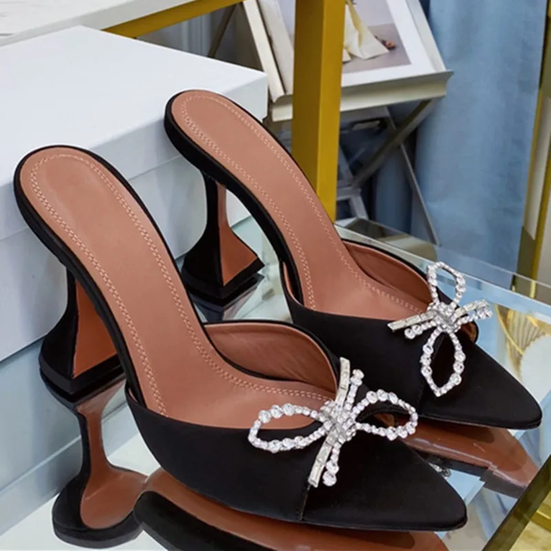 2022 summer European and American new high-heeled diamond decoration bow pointed open toe ladies slippers