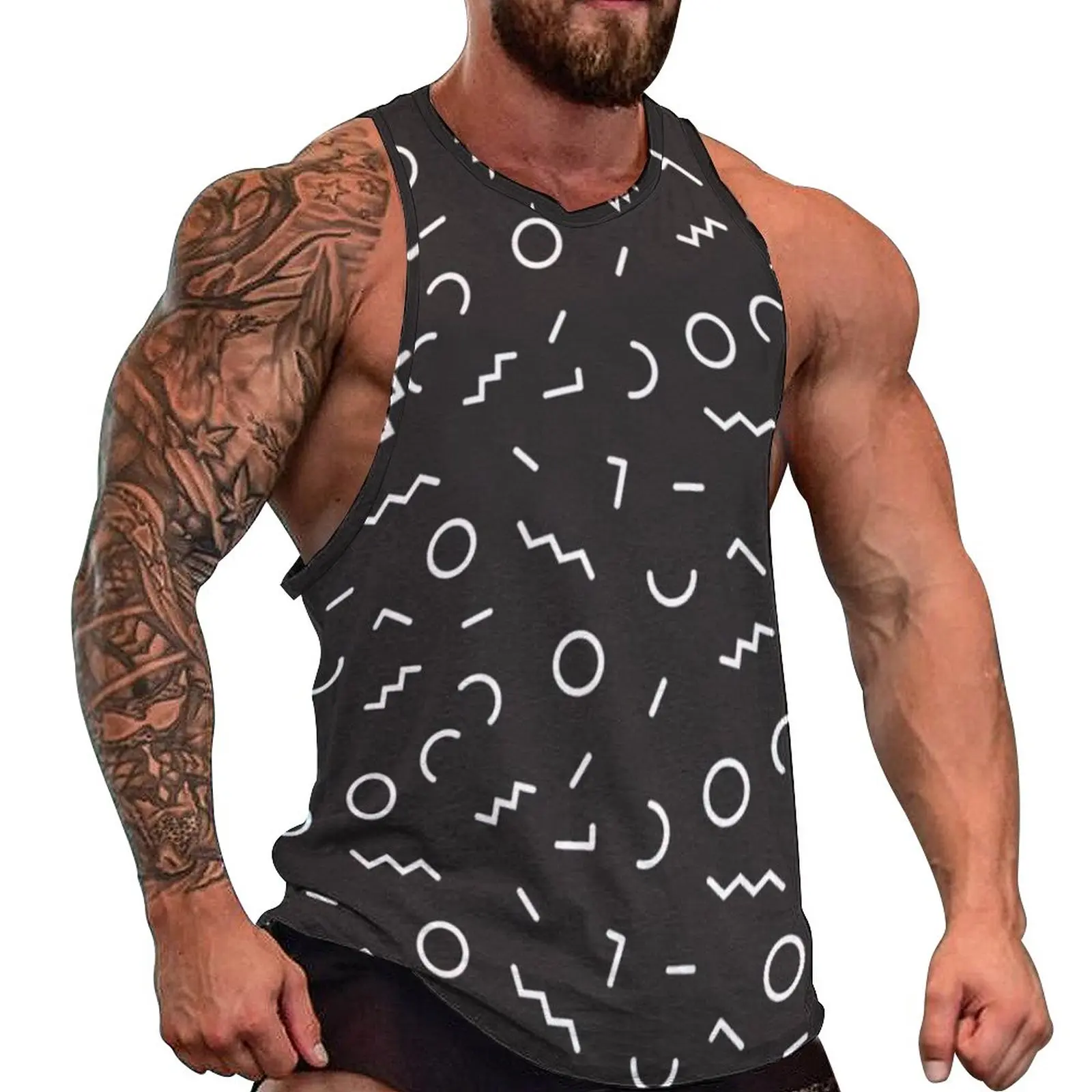 

Memphis Style Tank Top Man's Abstract Pattern Black Tops Summer Pattern Gym Sportswear Oversized Sleeveless Shirts