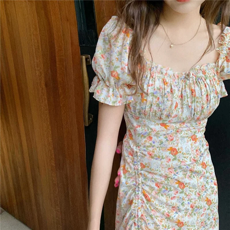 

French Retro Gentle Square Neck Floral Print Puff Sleeve Dress Summer 2022 Holiday Pastoral Style Ruffles Elegant Midi Dresses