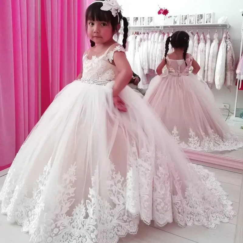 

Crystals Pearls Sash Flower Girl Dresses Sheer Neck Ball Gown Little Girl Wedding Dresses First Communion Pageant Party Gowns
