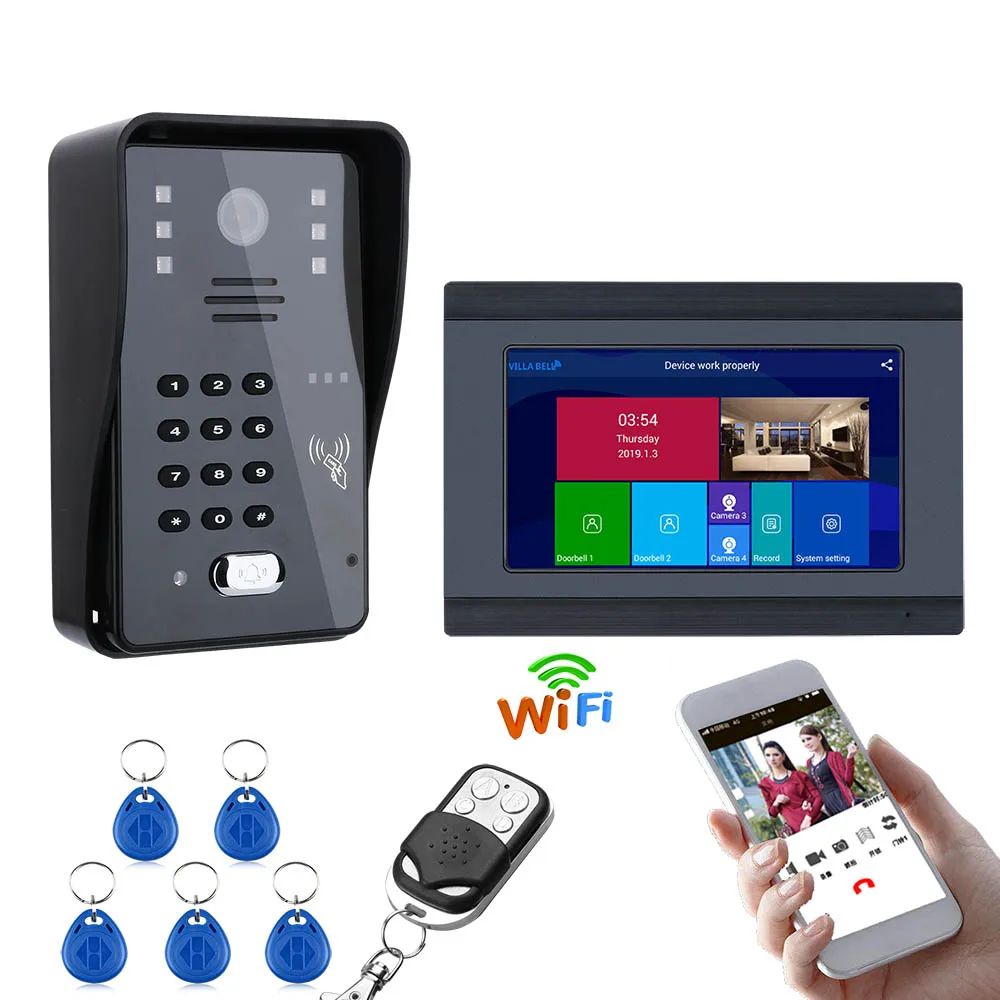 

Mountainone 7inch Wired/Wireless Wifi RFID Password Video Door Phone Doorbell Intercom Entry System with IR-CUT 1000TVL Camera