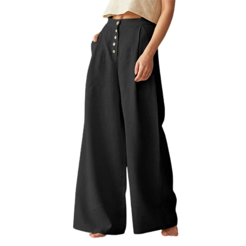 Womens Casual Wide Leg Pants Cotton Linen Long Pants High Waist Trousers Female Vintage Thin Long Pants
