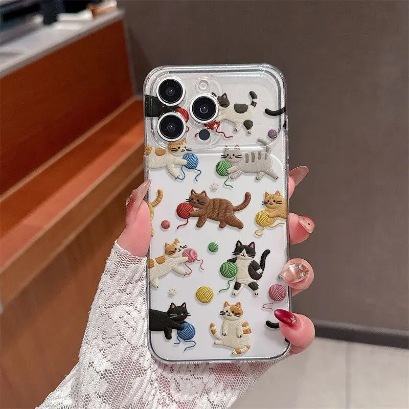Фото Прозрачный ультратонкий чехол для iPhone 17 16 15 14 13 Pro Max с милым вышитым узором в виде кошки и шарика, матовый, в стиле Y2K №4