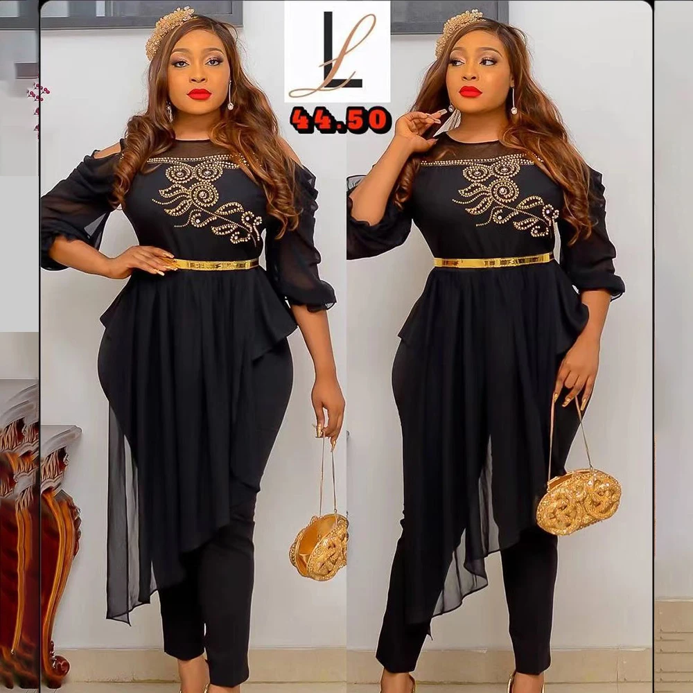 

African Womens Clothing Pants Sets Outfits Dressed Summer Style Chiffon Top And Pants 2 Two Piece Matching Outfits Office Lady