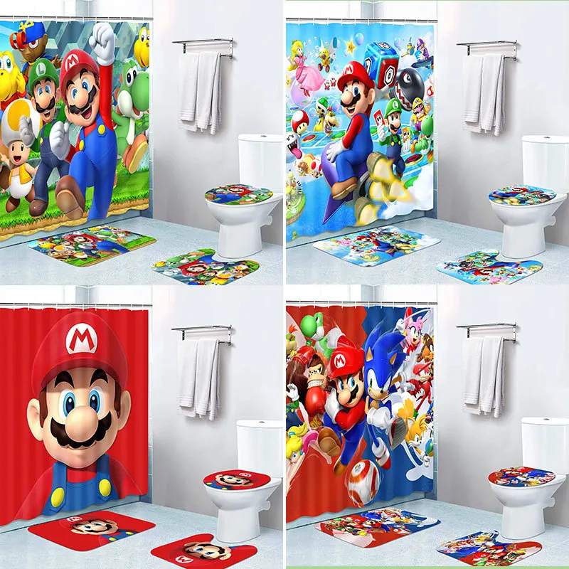 

4 Pcs/Set Kawaii Sonic Mario Shower Curtain Anime Non Slip Waterproof Toilet Mat Floor Mat Bathroom Curtains Decoration Supplies