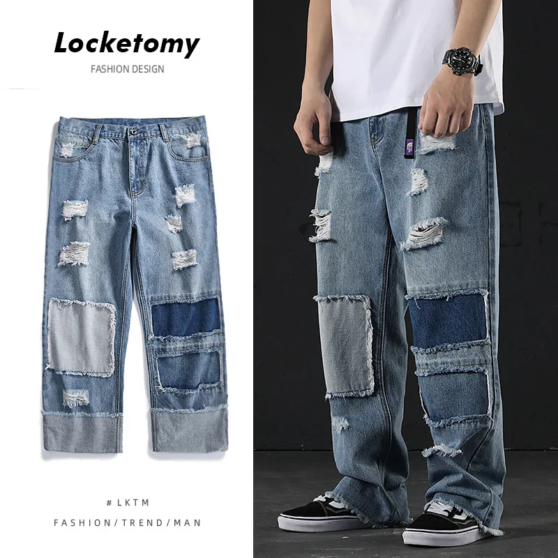 

Свободные прямые джинсы American Street, мужские брюки с отверстиями и широкими штанинами