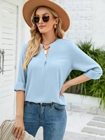 autumn solid blouses for women fashion 2022 v neck long sleeve elegant loose casual tops lady office work chiffon shirt