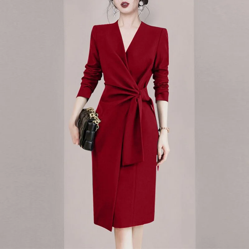 

Luxury Women V-neck Lace-up Slim Long Sleeved Dress Fall Winter High-end Professional Suit Dress Fashion Korean Red Party Dress