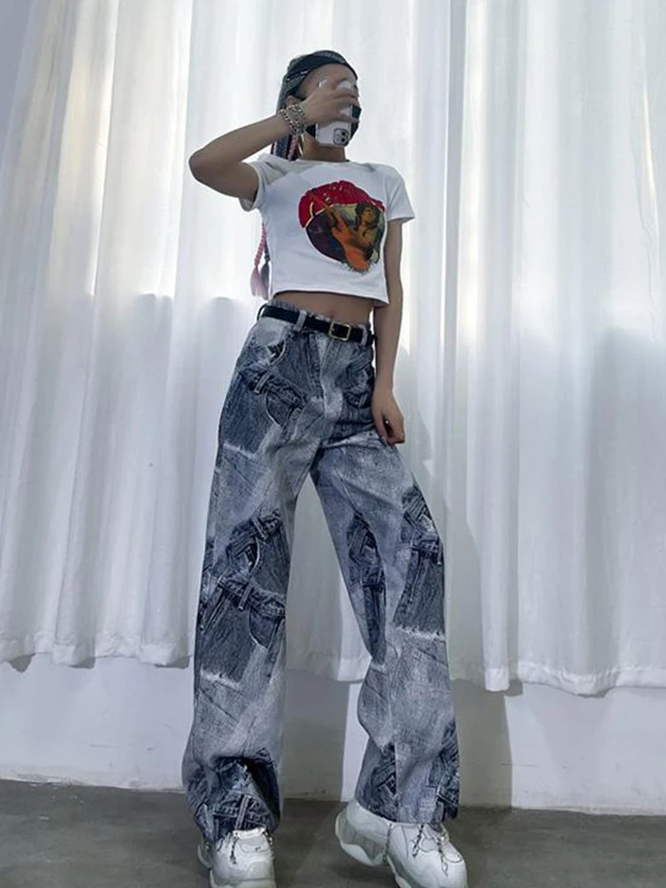 

Джинсы женские с принтом в стиле хип-хоп, штаны с завышенной талией, повседневные модные Универсальные прямые узкие брюки с широкими штанин...