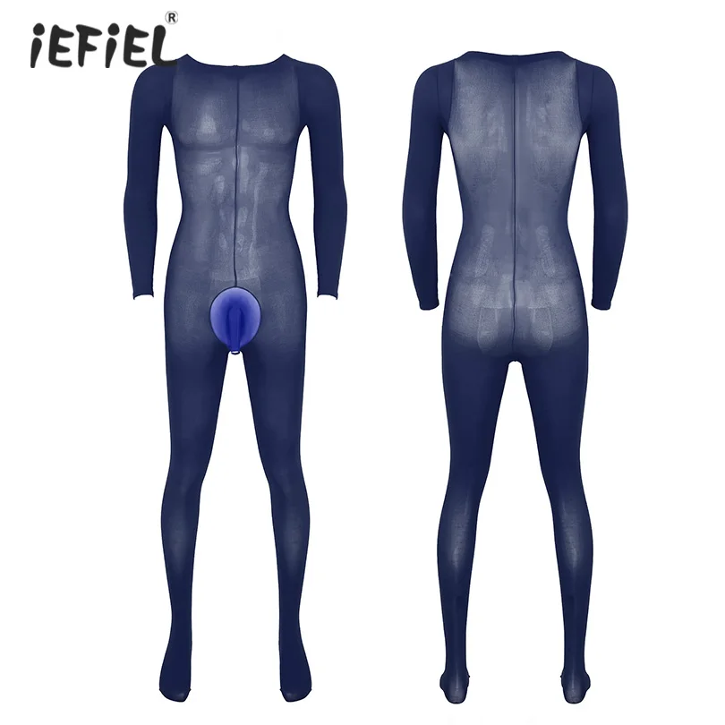 

Men's Lingerie Bodystockings Sleepwear Sexy Tights Pants Bulge Pouch Stretchy Pantyhose Male Round Neck Long Sleeves Bodysuit