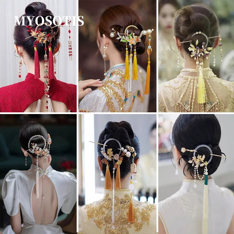 

Stylish Traditional Chinese Hanfu Dress Hairpins Clips Long Tassel Back Hair Fork Sticks Headpieces Bride Noiva Wedding Party