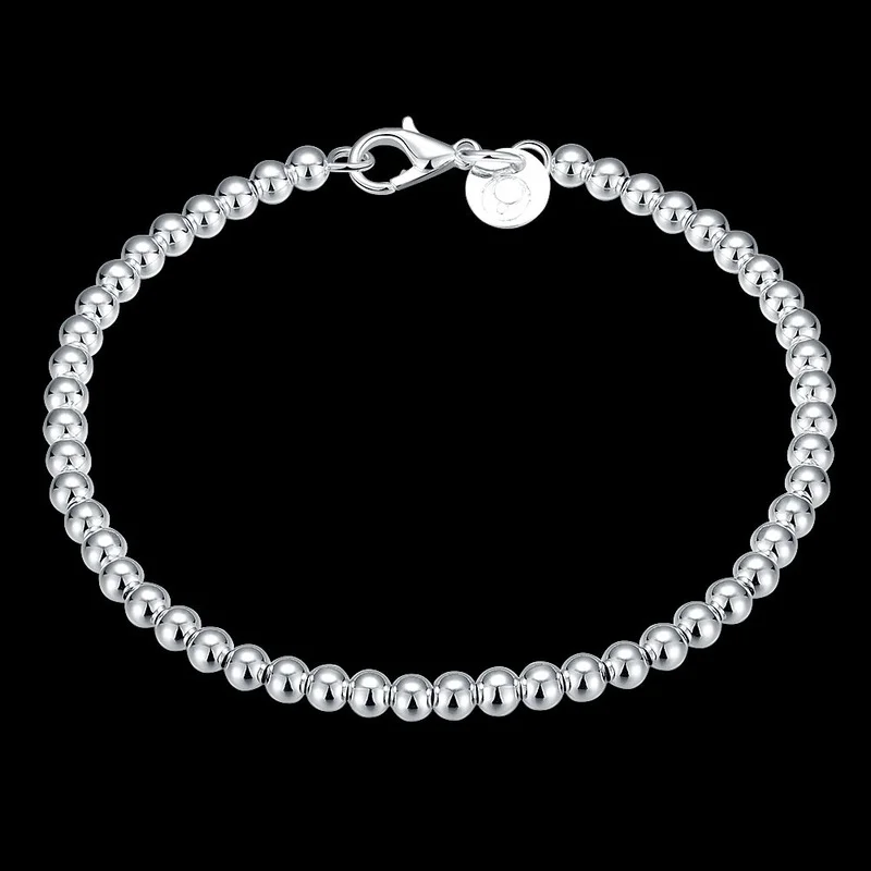 

New 925 Sterling Silver Bracelet 4mm Round Ball Beads Bracelet For Woman Girls Lover Jewelry Gift