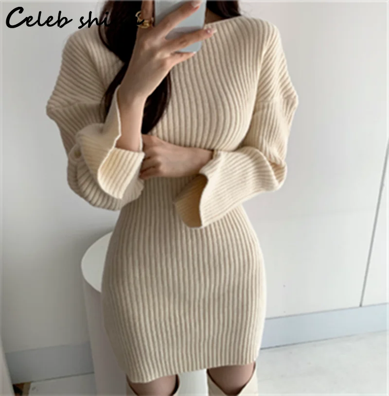 

Y2k Knitted Dresses Women Autumn Winter Chic Split Sleeve Black Vestido De Mujer Dress Female Korean Elegant Streetwear Knitwear