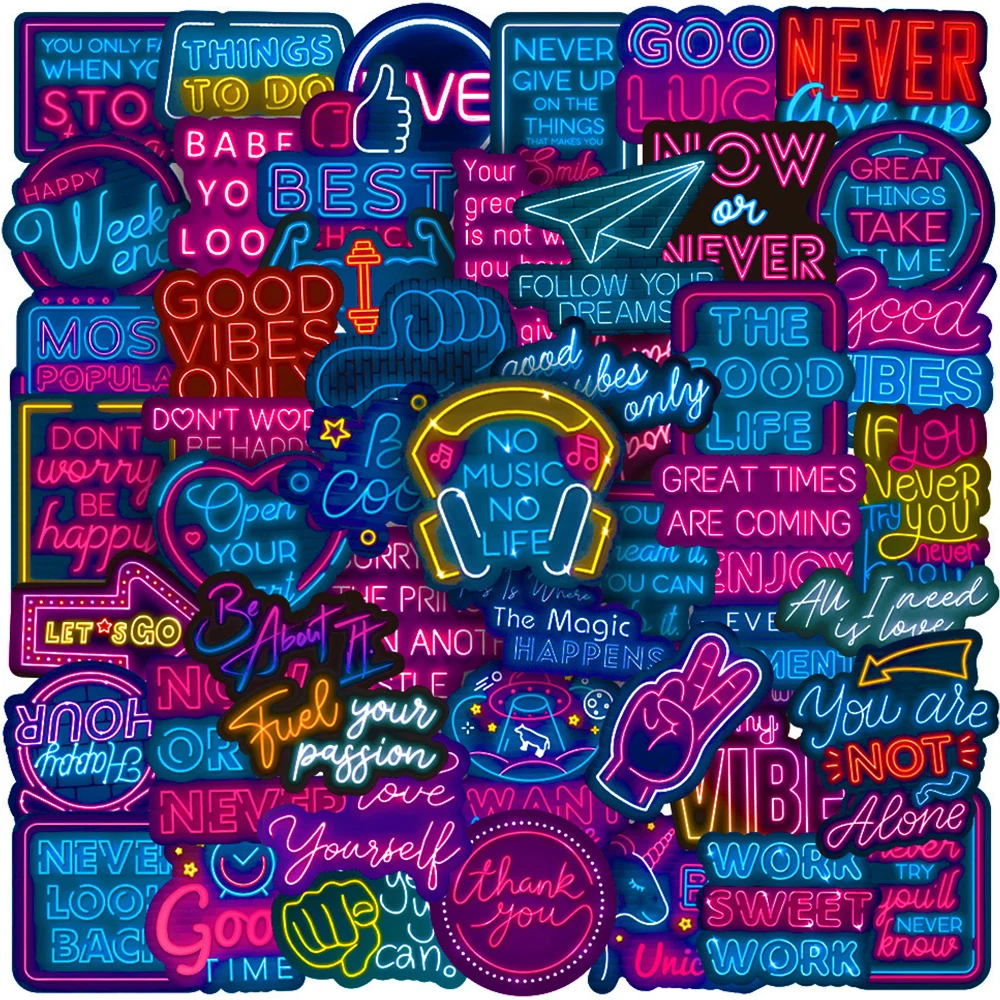 

10/30/50pcs Cartoon Neon Stickers with Motivational Phrase Decals DIY Notebook Phone Laptop Tablet PVC Graffiti Sticker Kids Toy