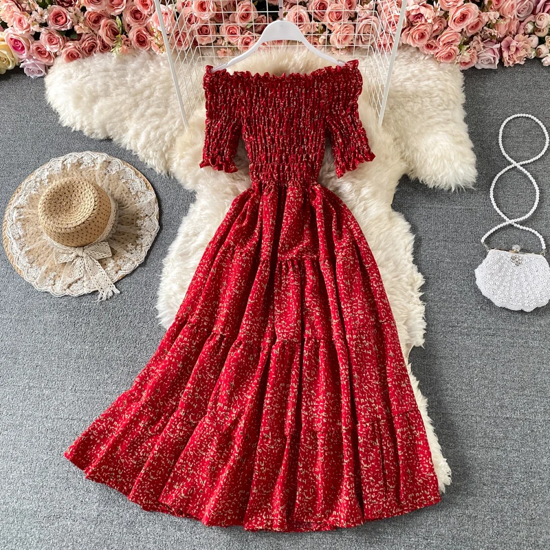 

Fairy Dress Vintage Off Shoulder Floral Boho Sexy Beach Dress Woman Summer Long Party Dresses For Women 2022 Korean Fashion Red