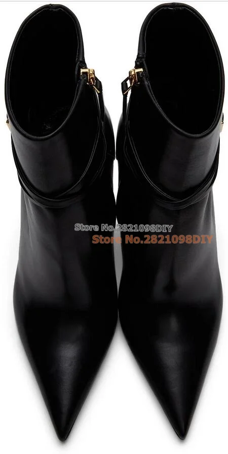 Women's Black Padlock Boots Pointed Toe Side Zipper Straps Short Boots Thin High Heel Ankle Boots Plus Size