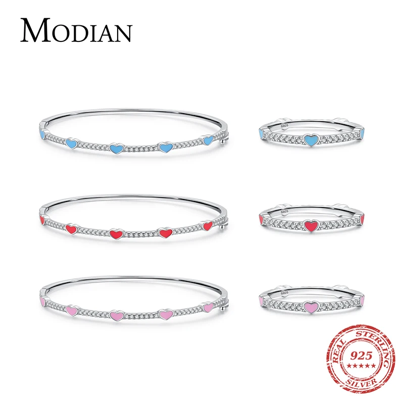 

MODIAN Pure 925 Sterling Silver 3 Color Enamel Love Heart To Heart Rings Bracelet Bangle Jewelry Sets For Women Fine Jewelry
