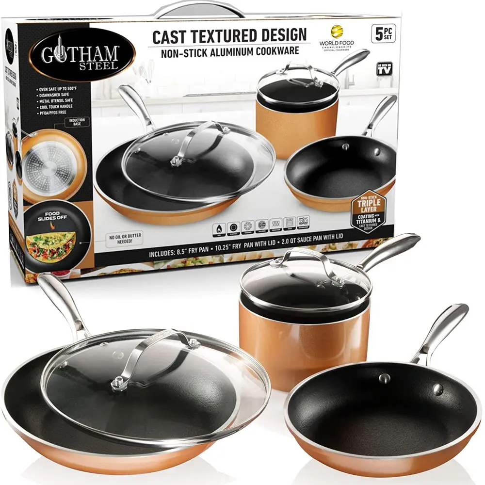 

POPTOP Copper Cast 5 Piece Cookware Set Non-Stick Pots and Pans Set Dishwasher & Oven Safe