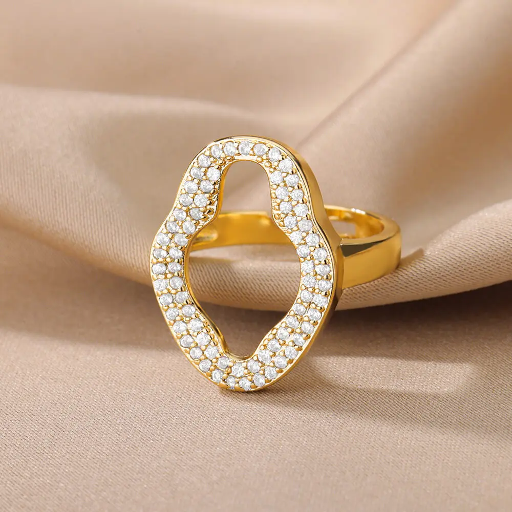 

Punk Hollow Zircon Irregular Geometric Rings For Women Men Stainless Steel Gold Plated Finger Ring Party Rock Jewelry Christmas