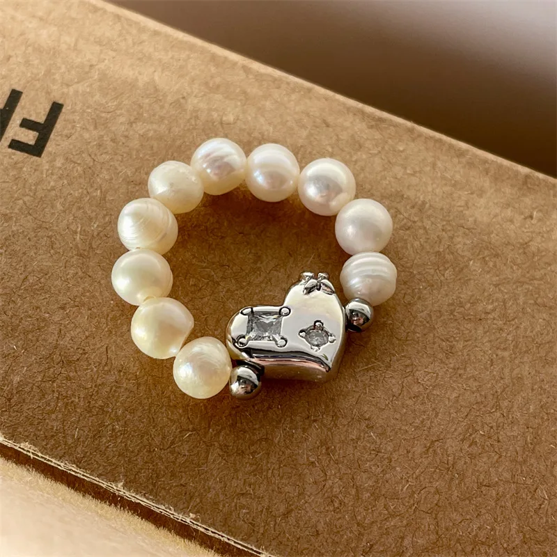 

Minar Cute Romantic Freshwater Pearl Charm Rings for Women Silver Color Heart Bling CZ Cubic Zirconia Elastic Finger Ring Gifts