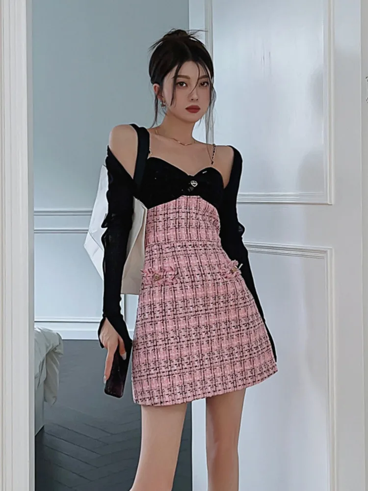 

Женский клетчатый комплект из двух предметов, тонкий кардиган и пикантное твидовое платье, модный костюм в Корейском стиле из двух предмето...