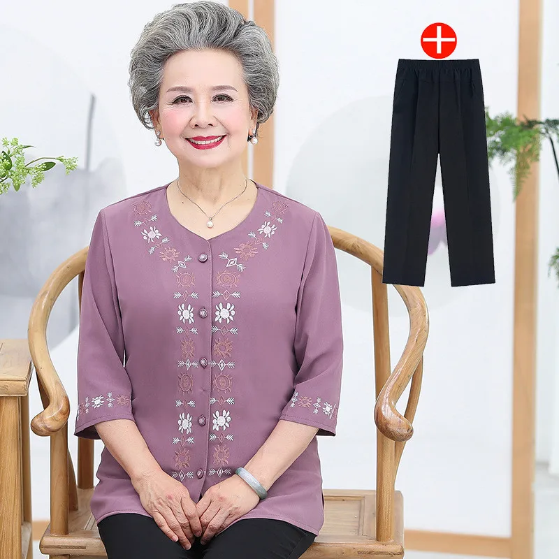 

Fdfklak Retro Print Middle-Aged Elderly Mother Summer Pants Suit Grandma Chiffon Shirt Trousers 2 Piece Sets Womens Outfits