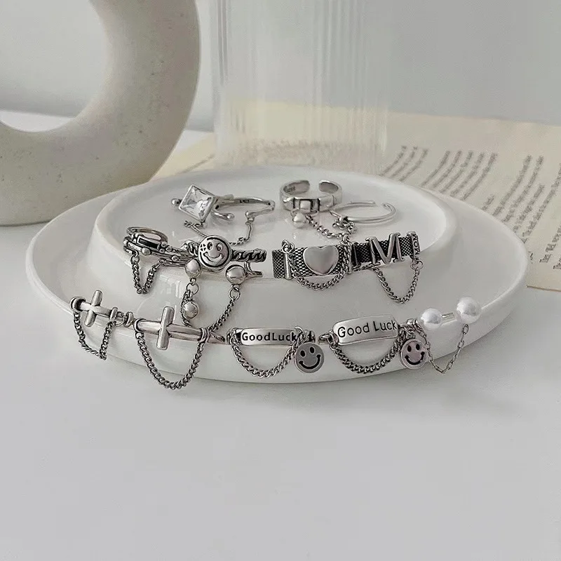 

MODOMA Korea Fashion Smiley Chain Design Rings For Women Luxury Silver Gothic Aesthetic Rings Vintage Party Jewelry Women