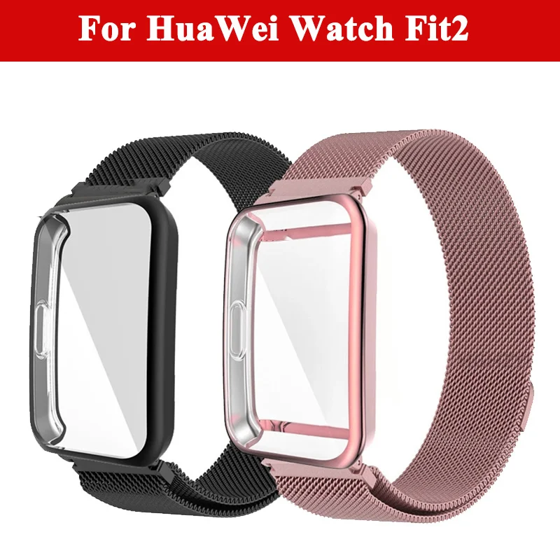 

Milanese Strap For Huawei Watch Fit 2 Magnetic Loop Belt Wristband Replacement Bracelet Metal Watchband Screen Protector Case