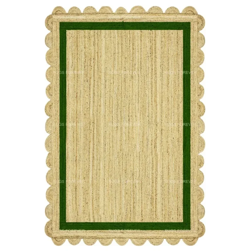 

Natural Jute Area Rug Green Scalloped Yoga Mat Hand Braided Living Room Kilim