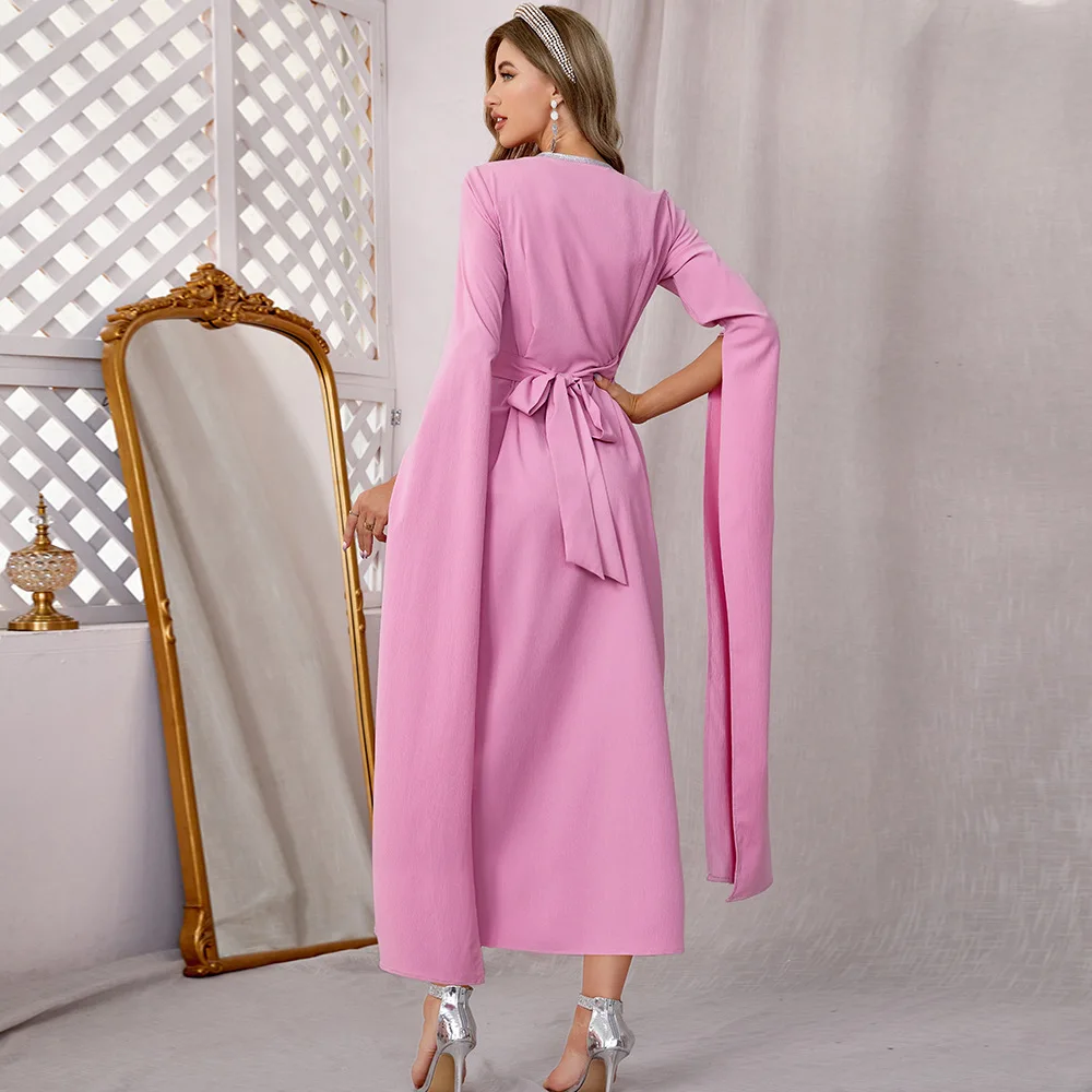 Women's Spring and Summer Muslim Middle Eastern Arab Party Pink Fashion V-neck Designer Hand Sewn Diamond Floating-Sleeved Skirt